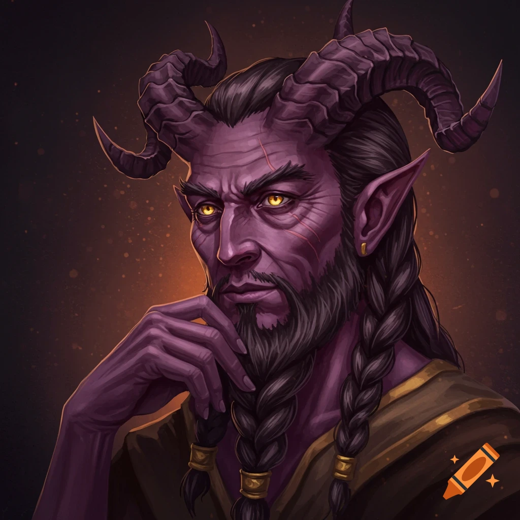 Portrait of a purple Tiefling with horns, yellow eyes, and braided hair, resting his chin on his hand.