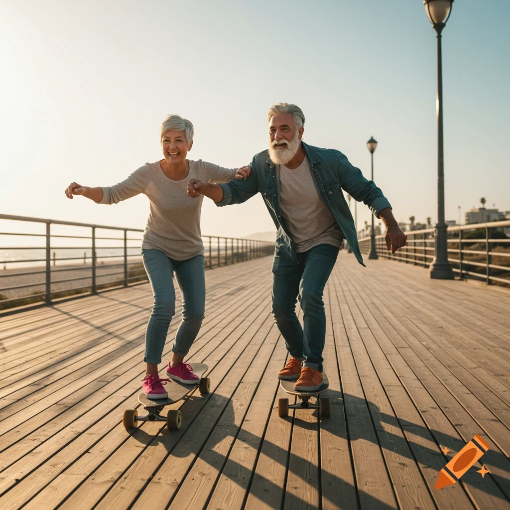 A smiling senior couple skateboards down a sunny wooden pier.