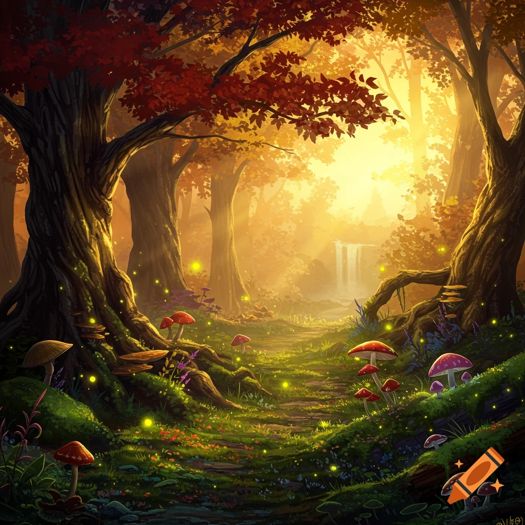 An enchanted forest at sunset with mushrooms, fireflies, and a waterfall.