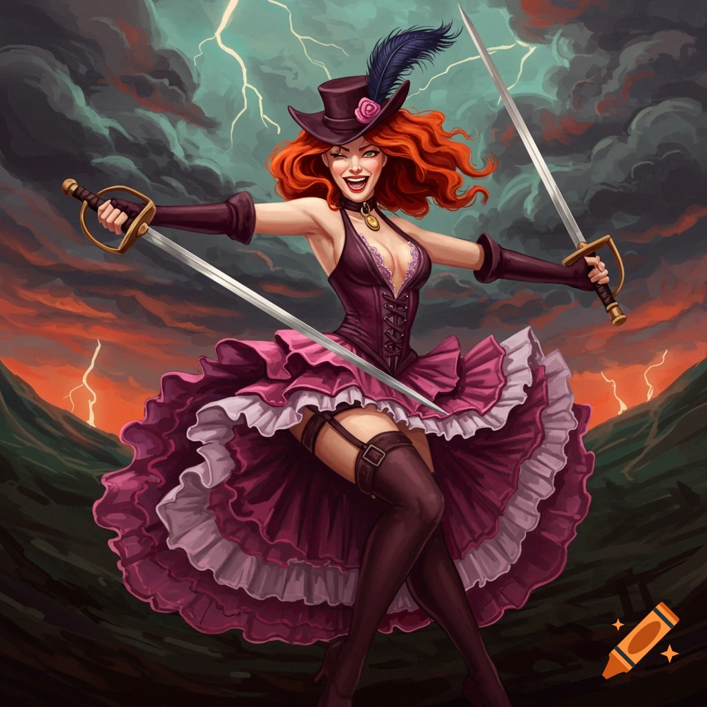 A red-haired woman in a can-can dress and hat, wielding two swords under a stormy sky.