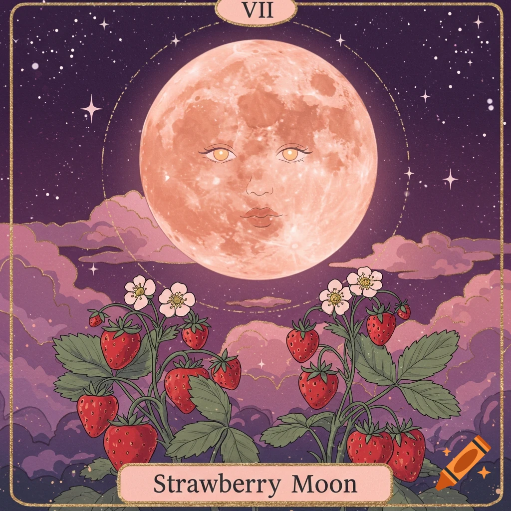 A stylized tarot card illustration of a face on a full moon over strawberry plants, clouds, and stars.