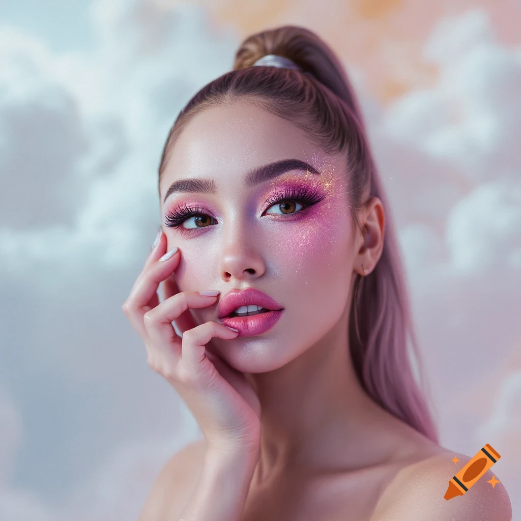 Close-up of a woman with bold pink eyeshadow and glitter, touching her face, with a ponytail against a cloudy sky.