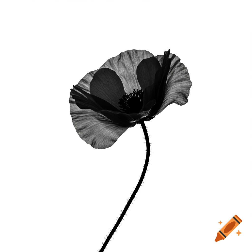 Black and white silhouette of a poppy flower against a white background.