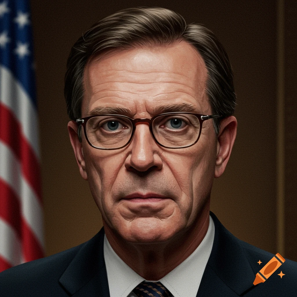 A man in a suit and glasses in front of an American flag.