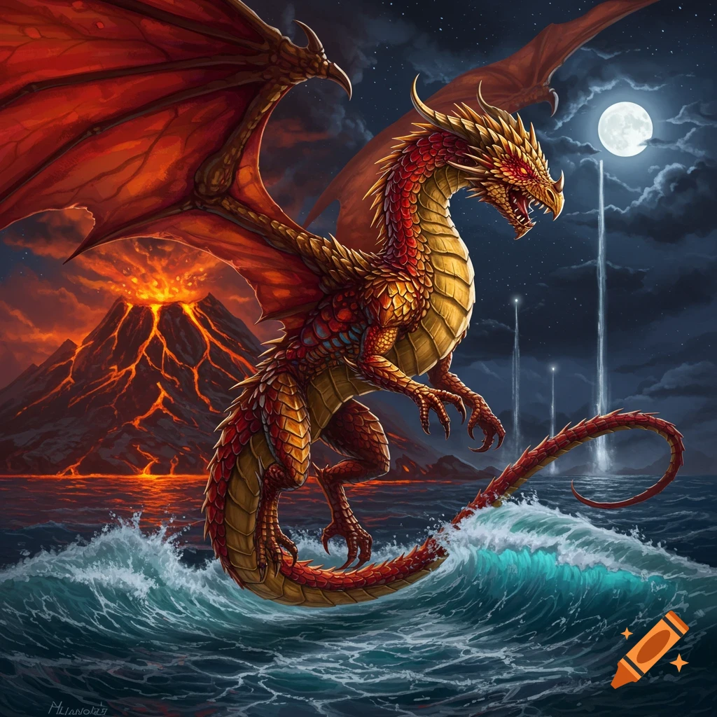 An oil painting of a red and gold dragon flying over a stormy ocean near an erupting volcano under a full moon.