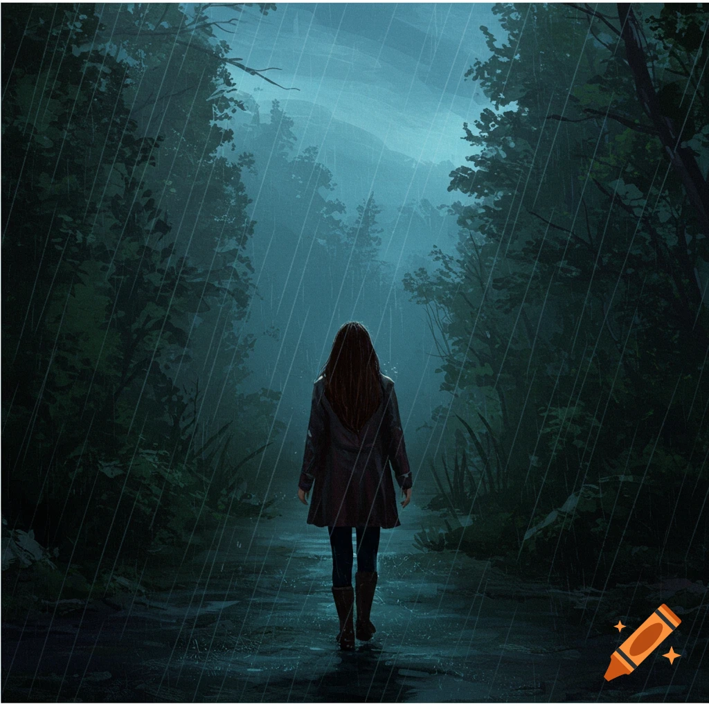 A woman walks into a dark, rainy forest.