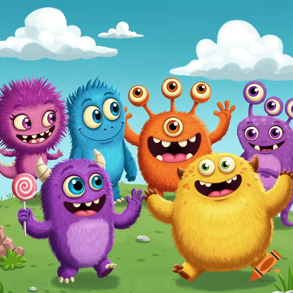 Group of colorful, happy cartoon monsters standing on grass