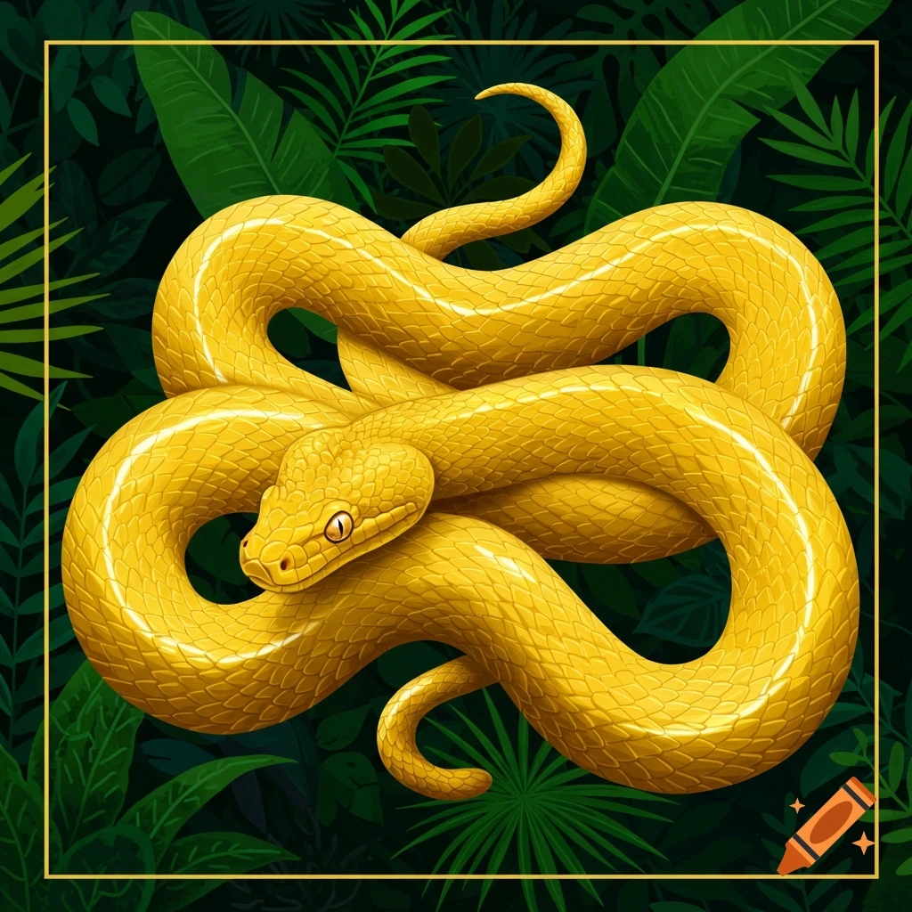 A vibrant yellow snake coiled among green jungle leaves.