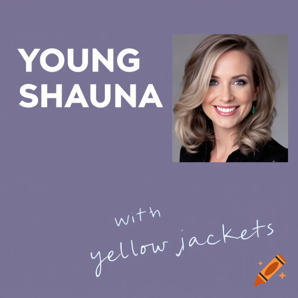 Portrait of a smiling woman on a purple background with large white text 'YOUNG SHAUNA' and smaller text 'with yellow jackets'.