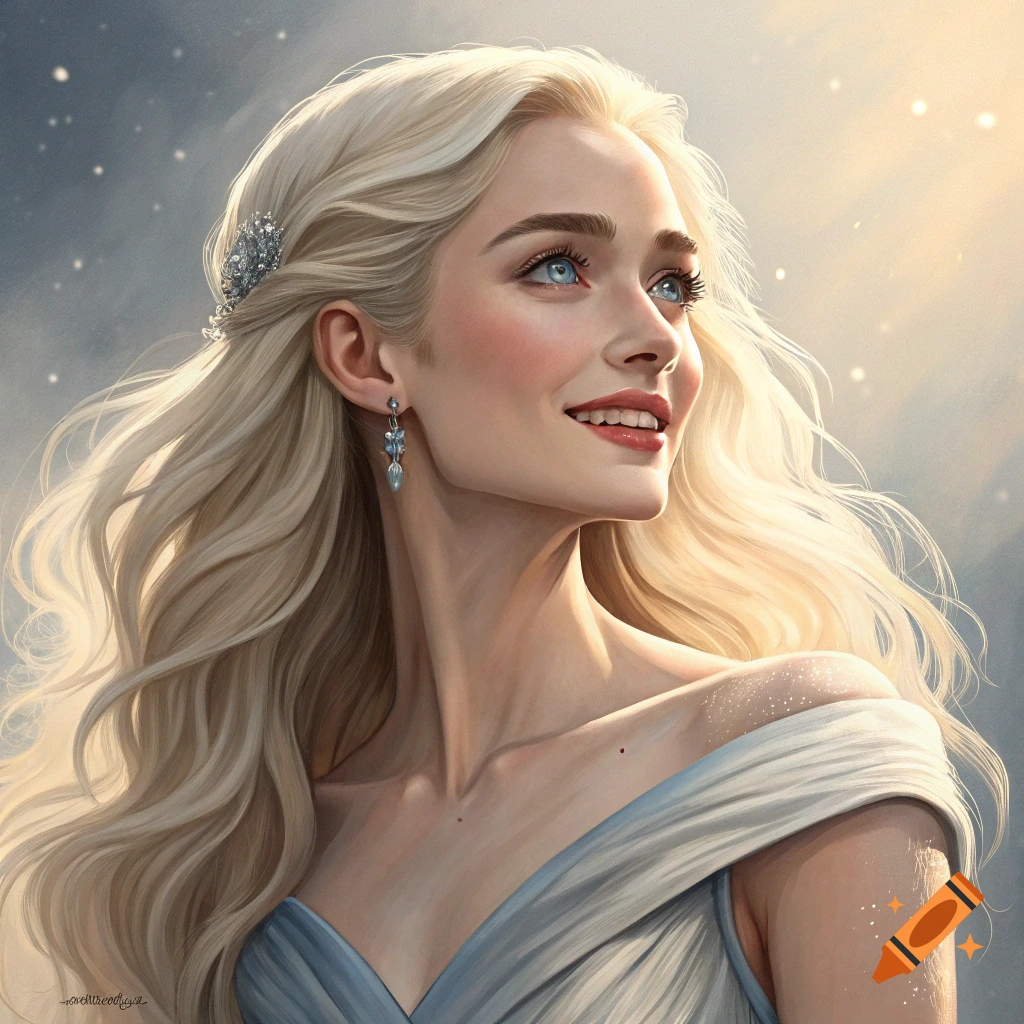 Portrait of a fantasy woman with long blonde hair and blue eyes looking up, smiling.