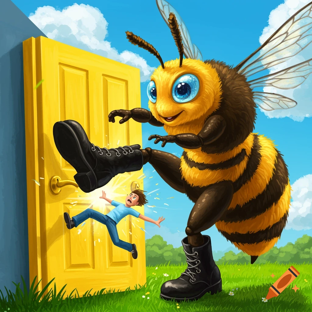 Giant cartoon bee kicks a small person out of a yellow door.