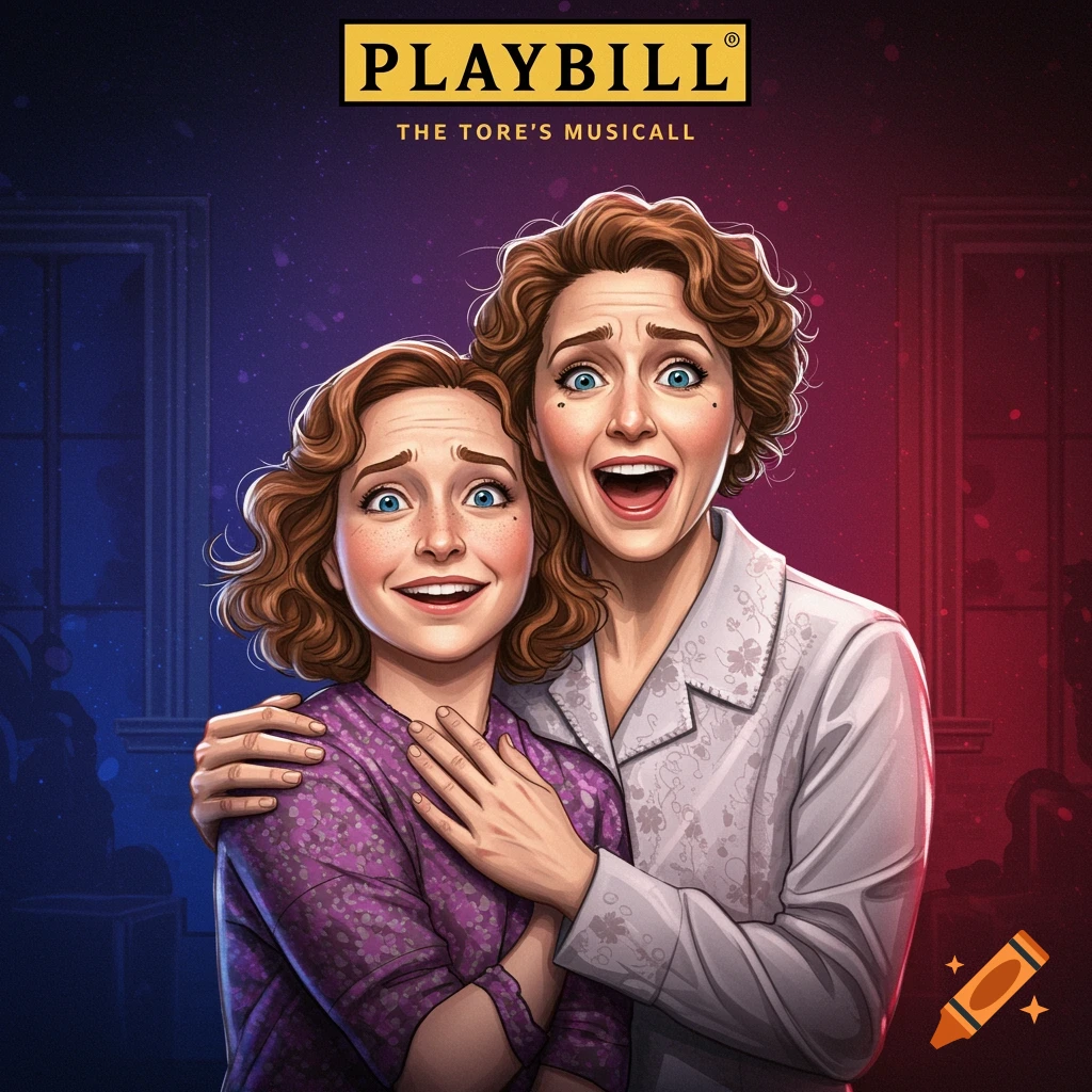 Two women with wide, theatrical eyes and open mouths are shown close together in a style resembling a playbill cover.