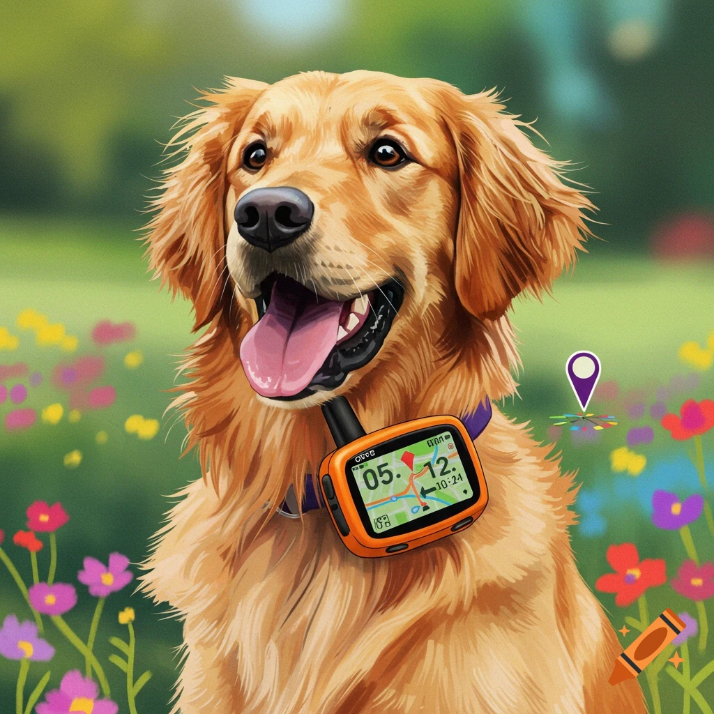 Digital painting of a Golden Retriever service dog wearing a vest with ...