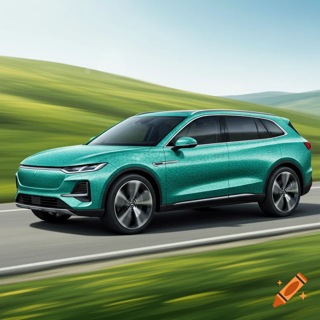 A green SUV with shark skin texture driving on a road.