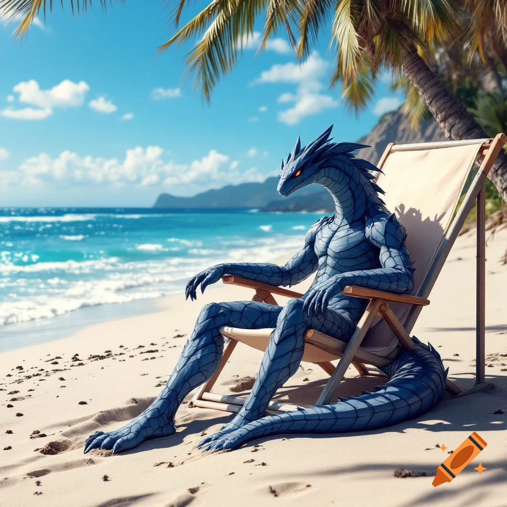 Photorealistic image of a blue dragon-like creature relaxing in a beach chair on a sunny beach.