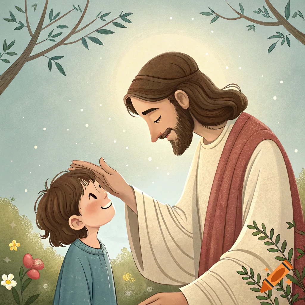 Illustration of Jesus blessing a child outdoors.
