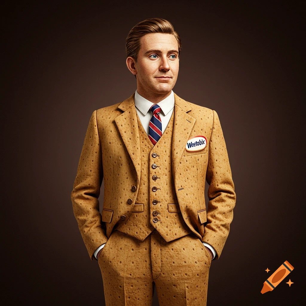 A man poses in a suit made of Weetabix cereal.
