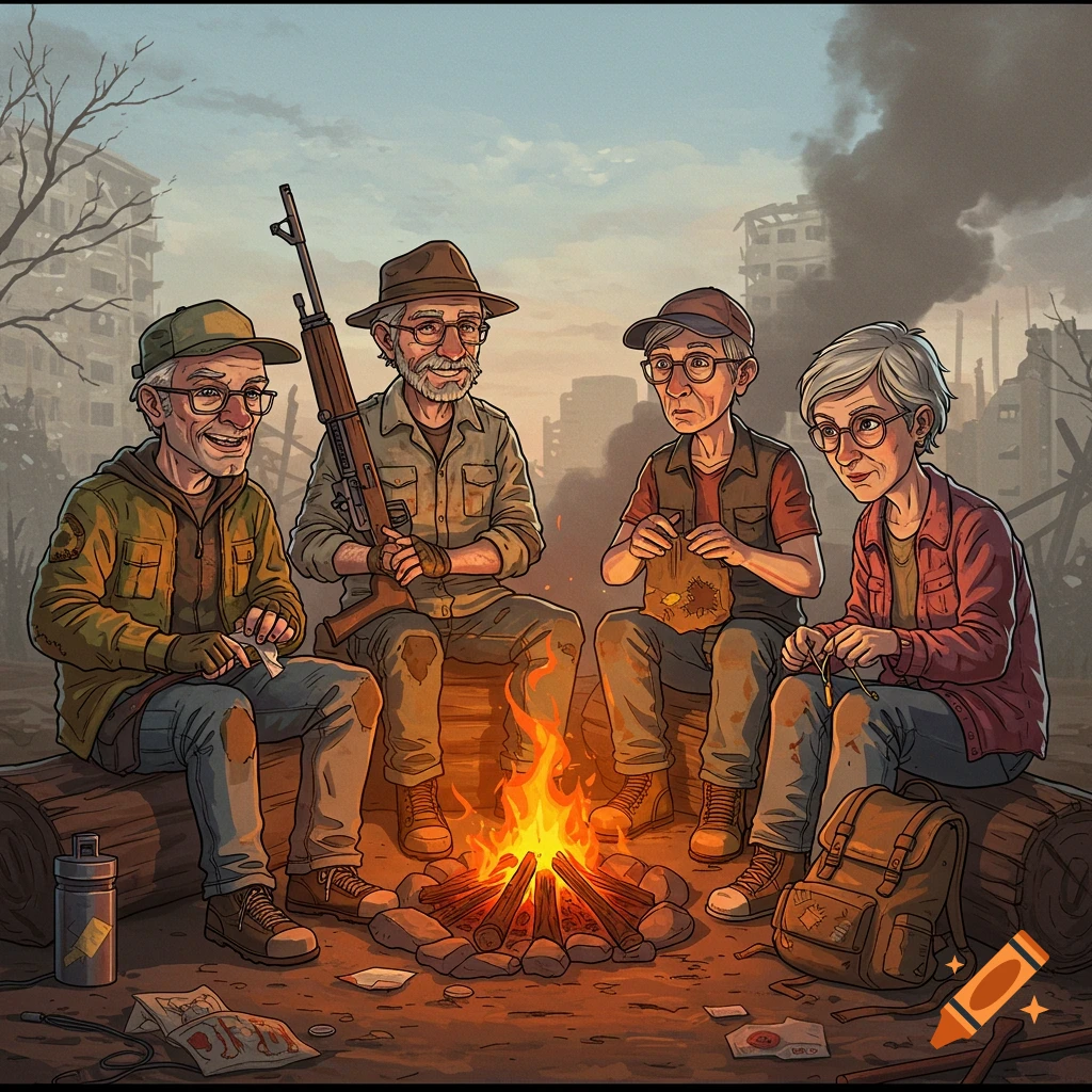 Four older people sit around a campfire in a ruined city landscape. One holds a rifle.