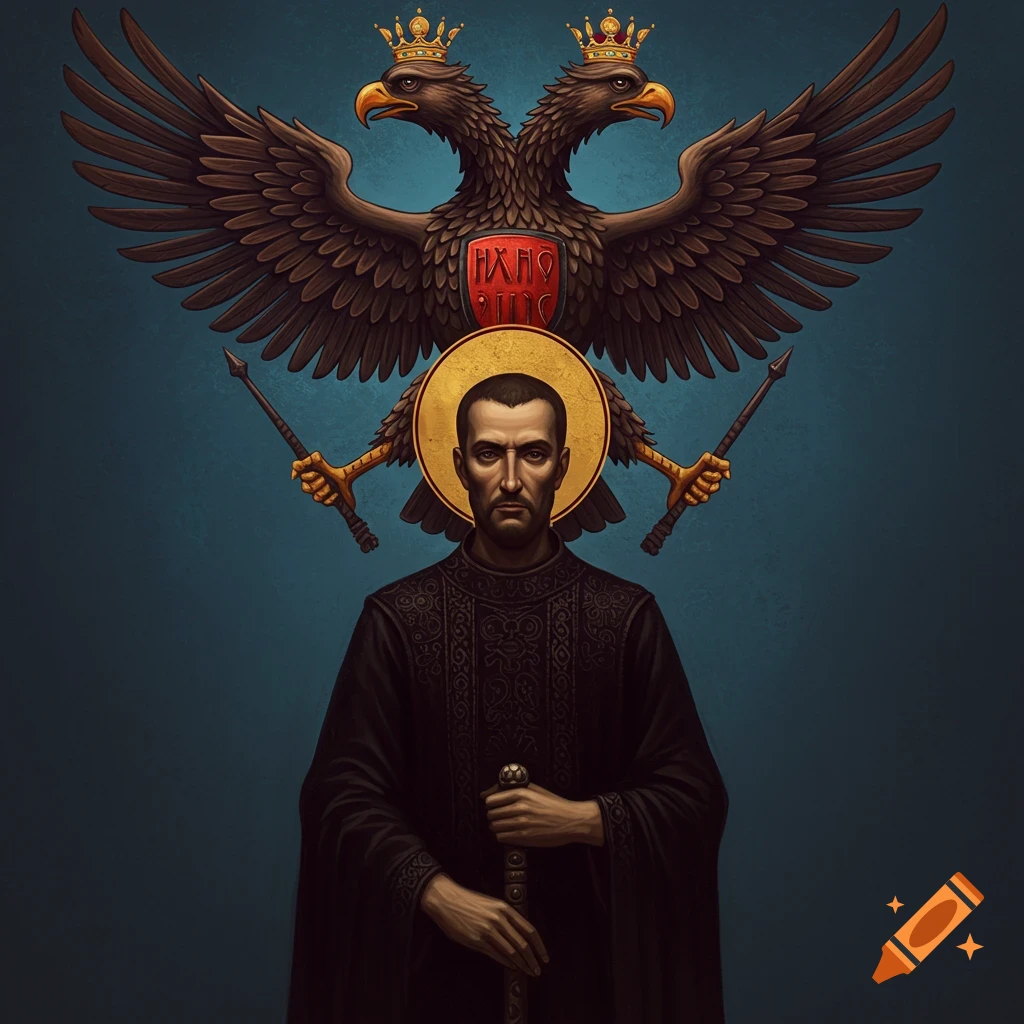 A man with a halo and sword is shown below a crowned double-headed eagle emblem.