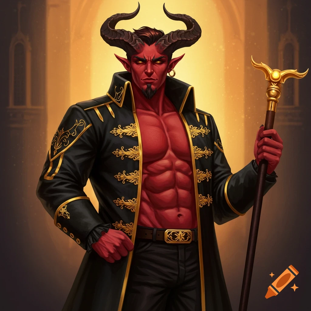 A red-skinned man with horns and muscular chest wears a black and gold coat and holds a cane in a fantasy setting.
