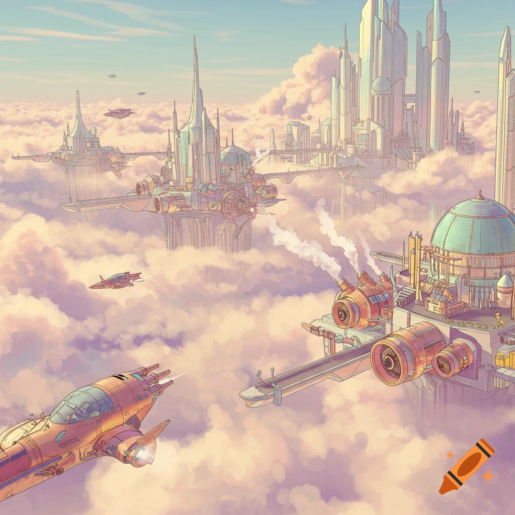 An illustrated futuristic city floating above clouds at sunset with ...