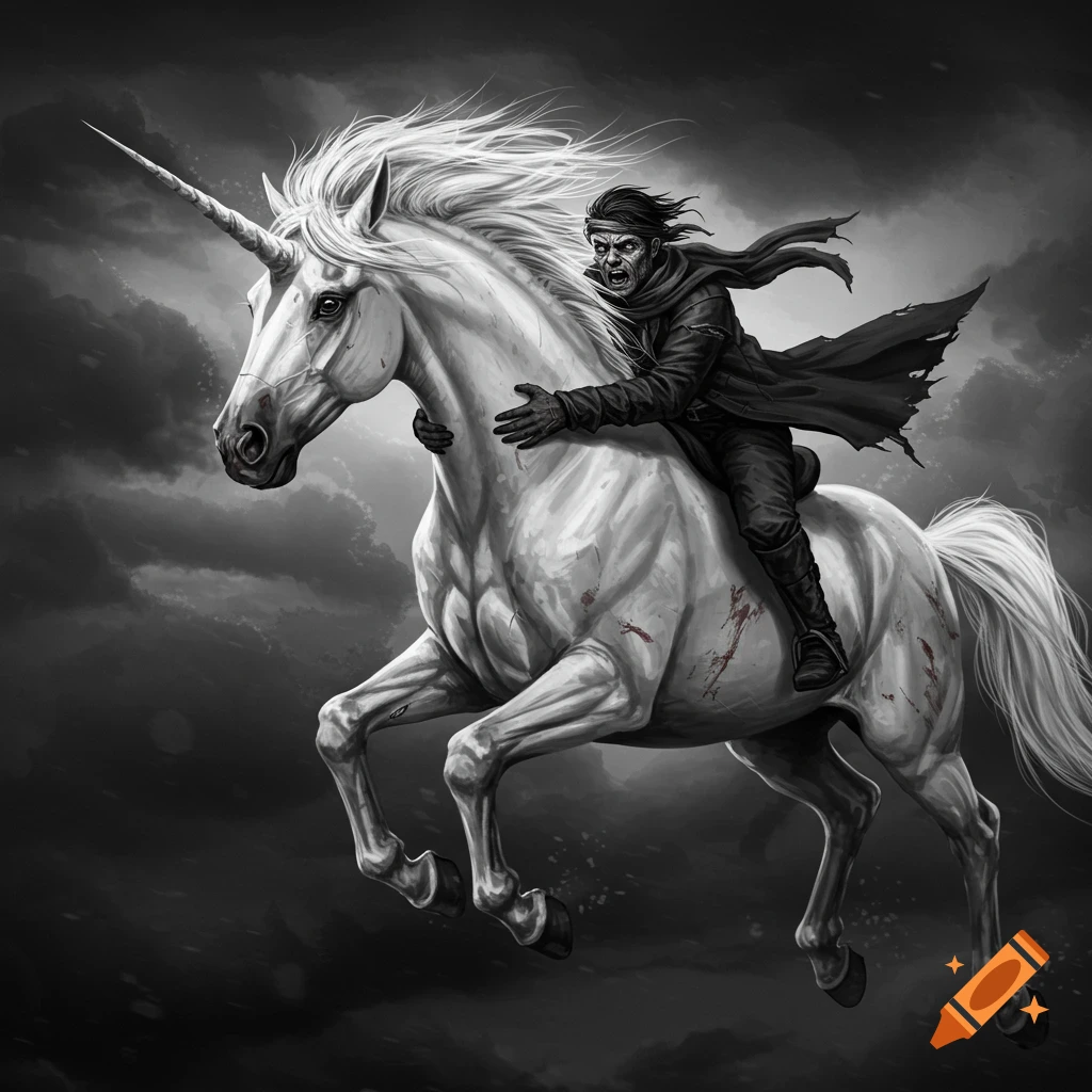 Black and white depiction of a bandit riding a flying unicorn through stormy skies.