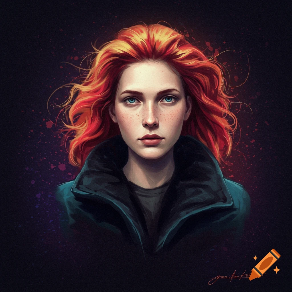 Portrait of a woman with bright red hair and freckles wearing a dark jacket.