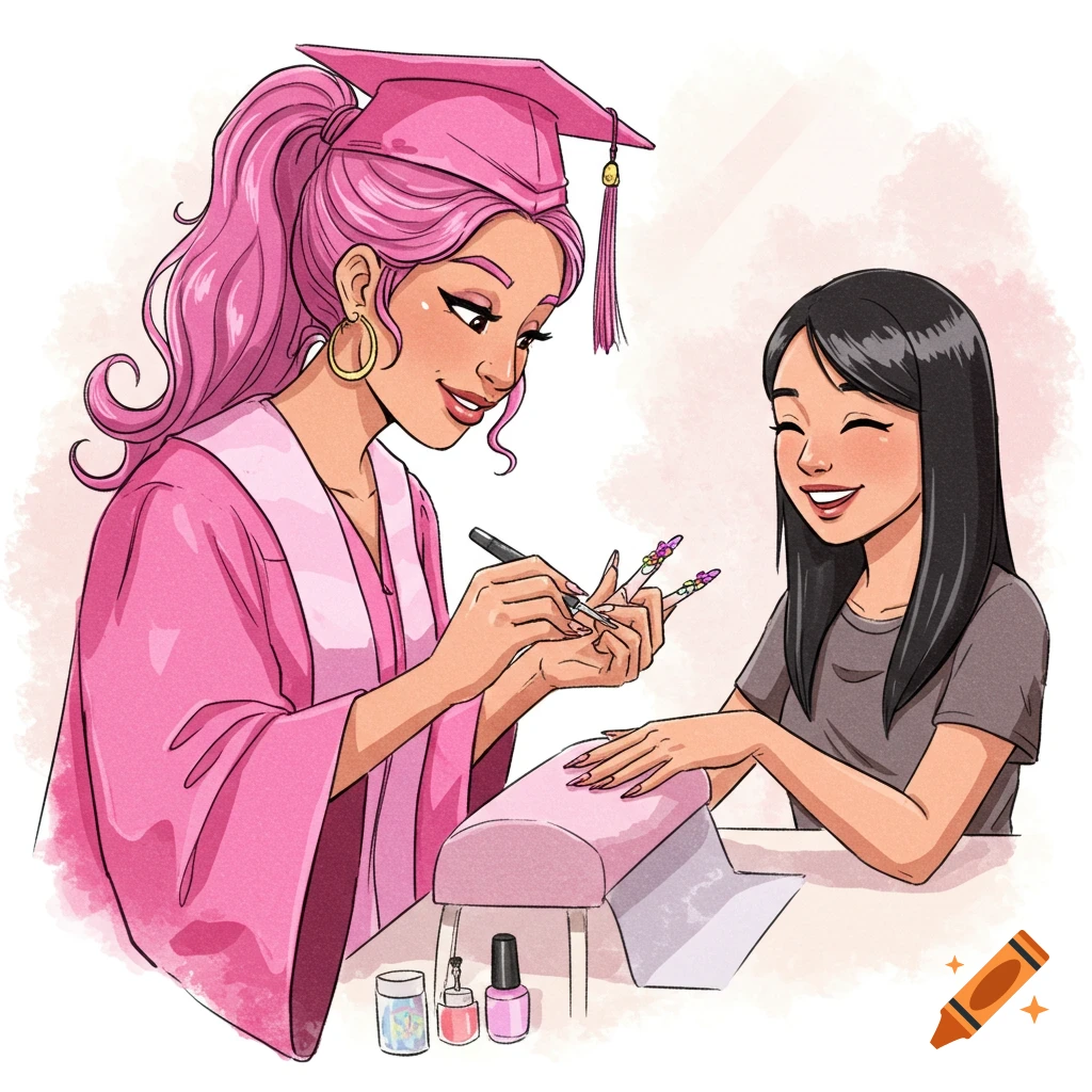 Watercolor illustration of a woman in a pink graduation cap doing a client's nails.