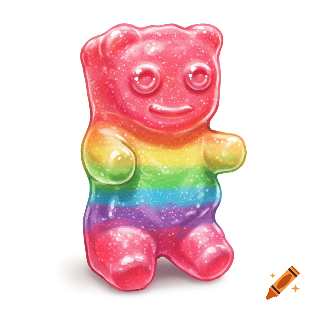 A rainbow-colored gummy bear candy on a white background.