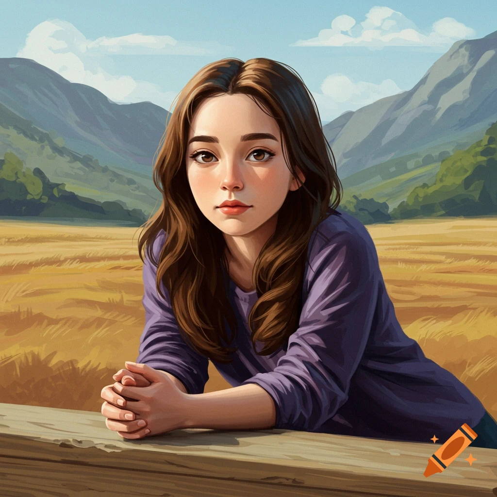 A young woman leans on a fence in a field with mountains.