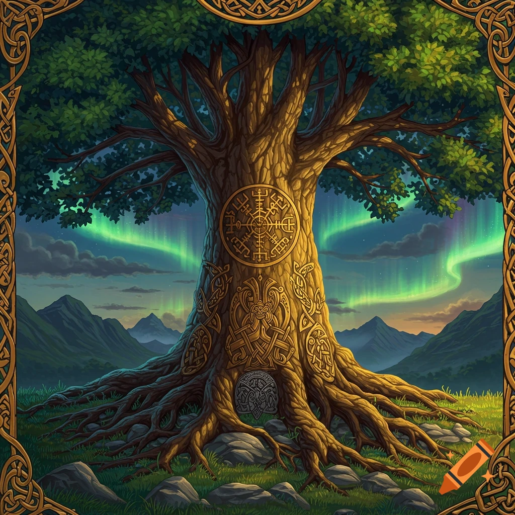 A tree with Celtic and Nordic symbols is in a landscape with aurora.