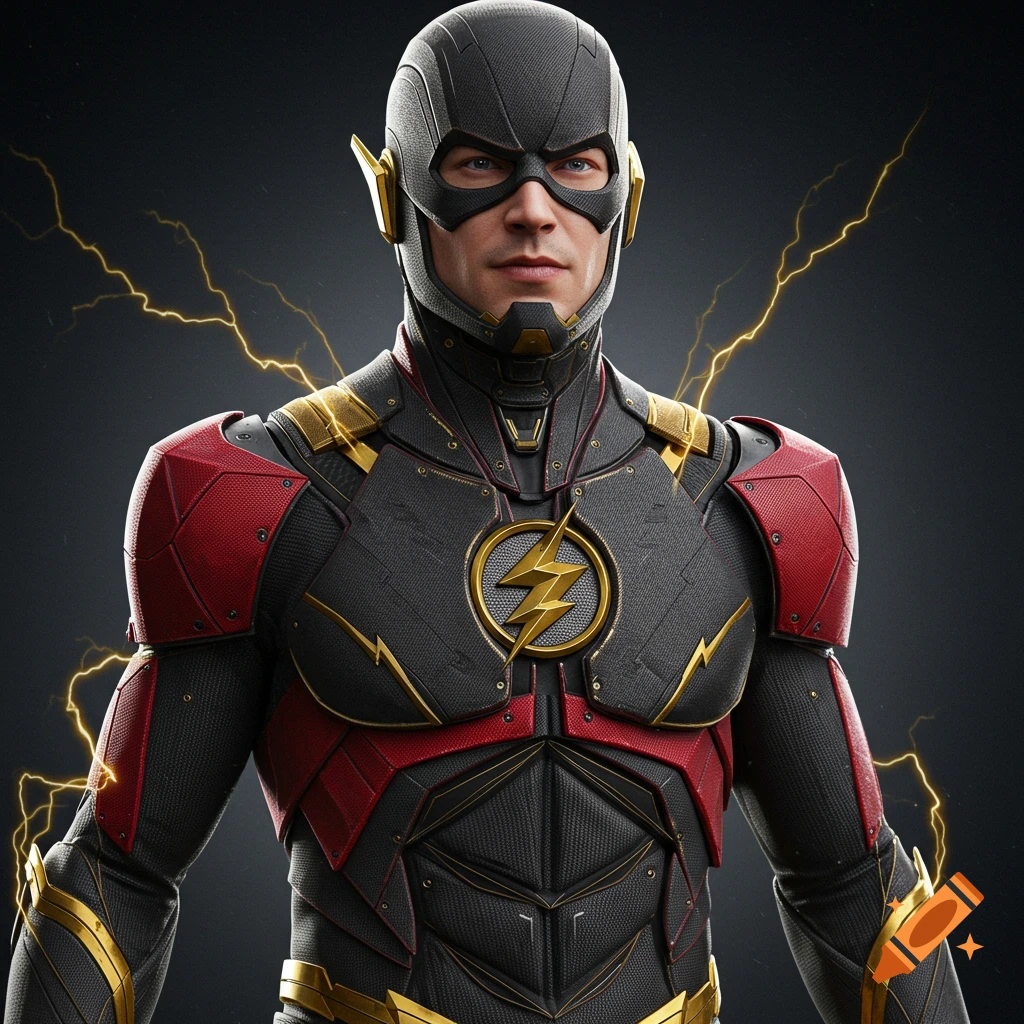 Superhero character in a black, red, and gold suit with lightning