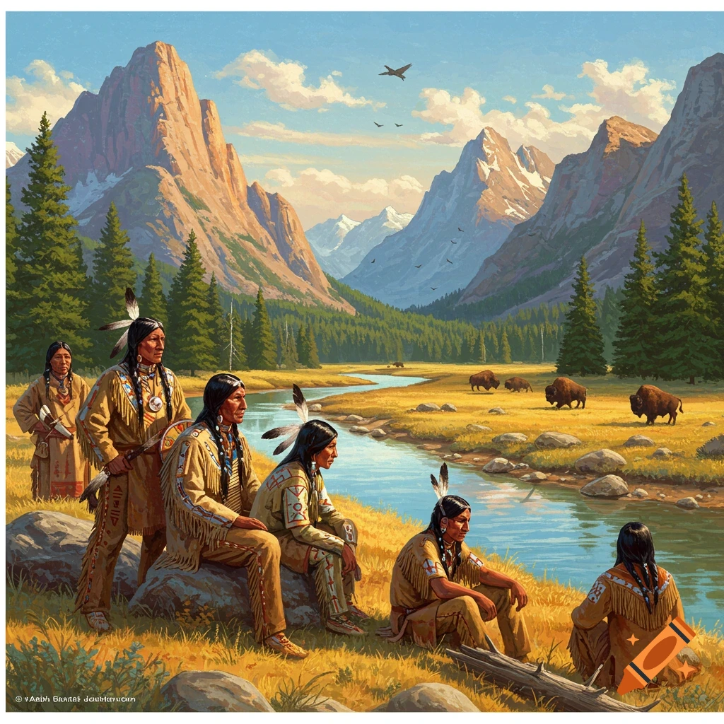 Native Americans and bison in a mountain landscape by a river.