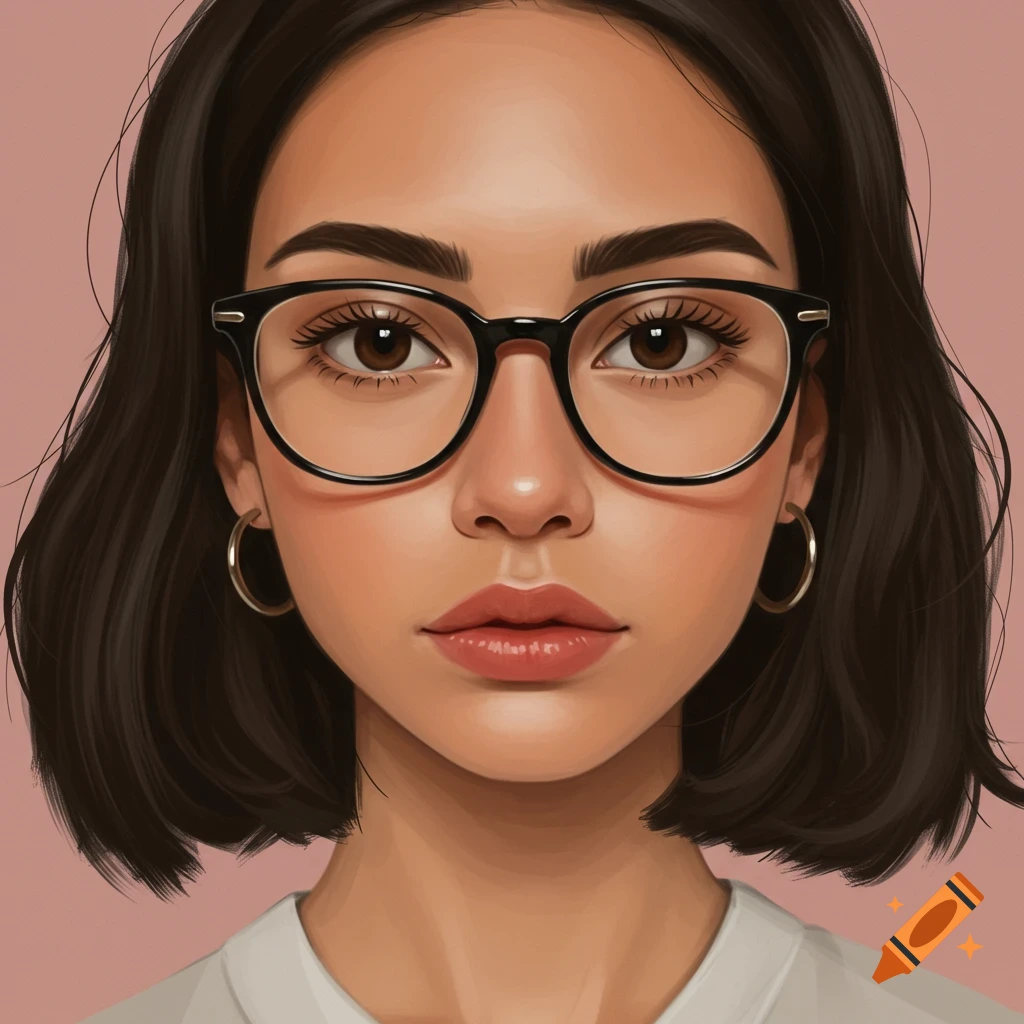 A portrait of a woman with short dark hair wearing glasses and hoop earrings.