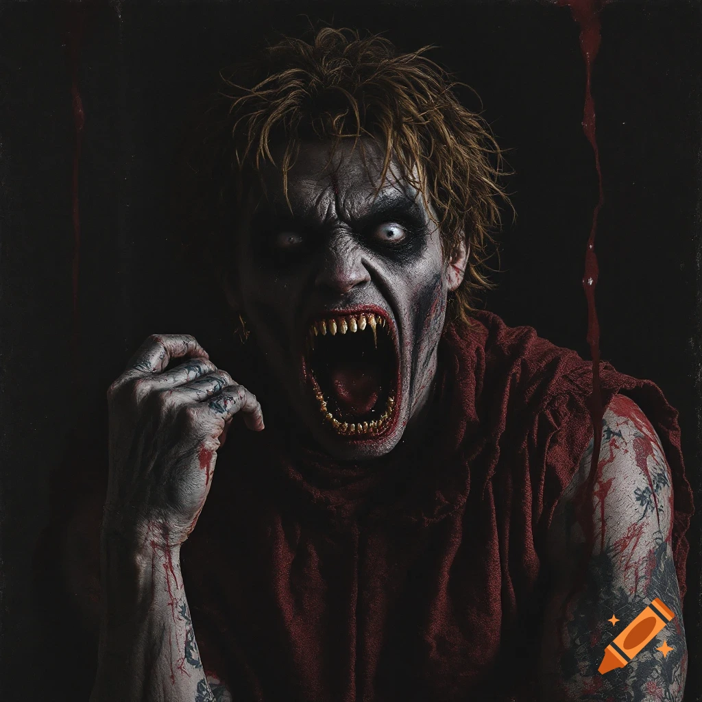 Close up of a person in detailed zombie makeup with sharp teeth screaming, covered in blood.