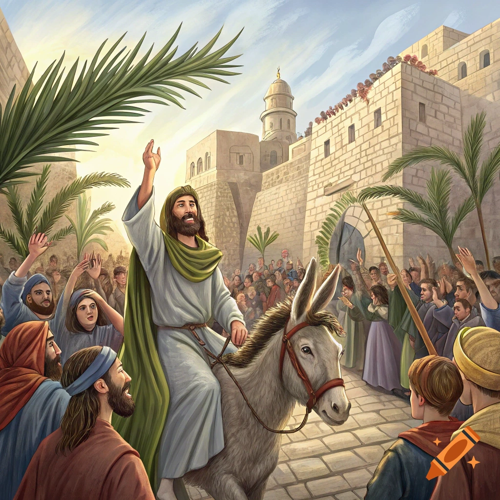 Illustration of Jesus riding a donkey into ancient city greeted by a cheering crowd with palm branches.
