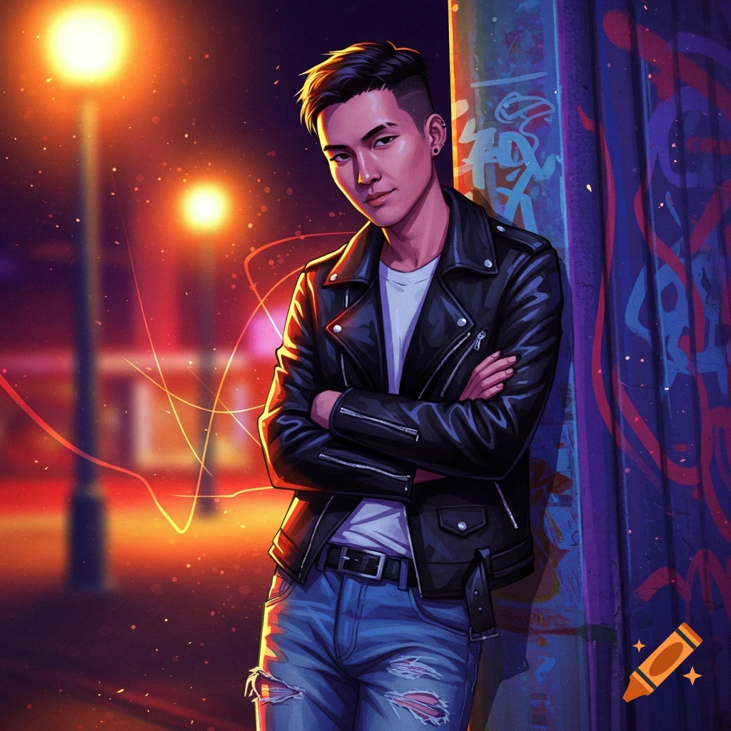 A young person in a leather jacket and ripped jeans leans against a graffiti-covered wall at night.