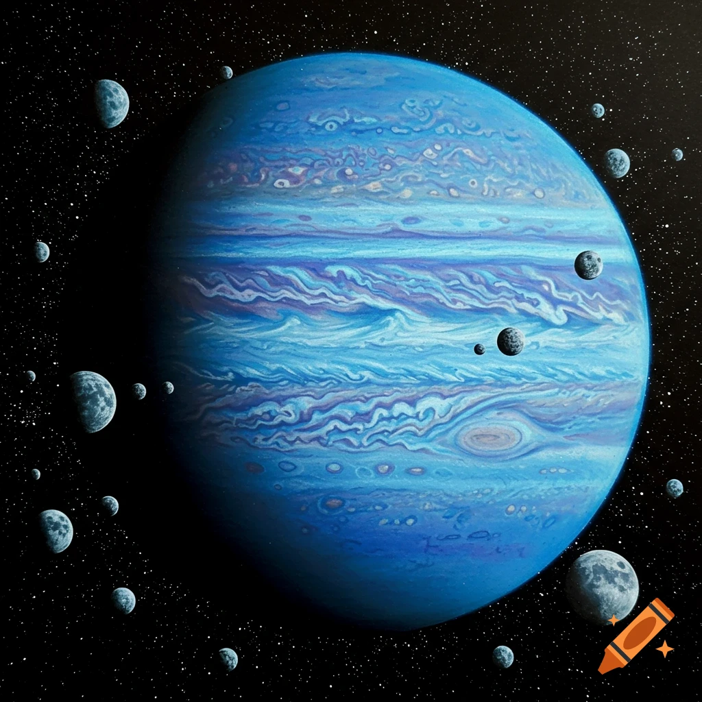 A colored pencil drawing of a blue planet resembling Jupiter surrounded by many moons.