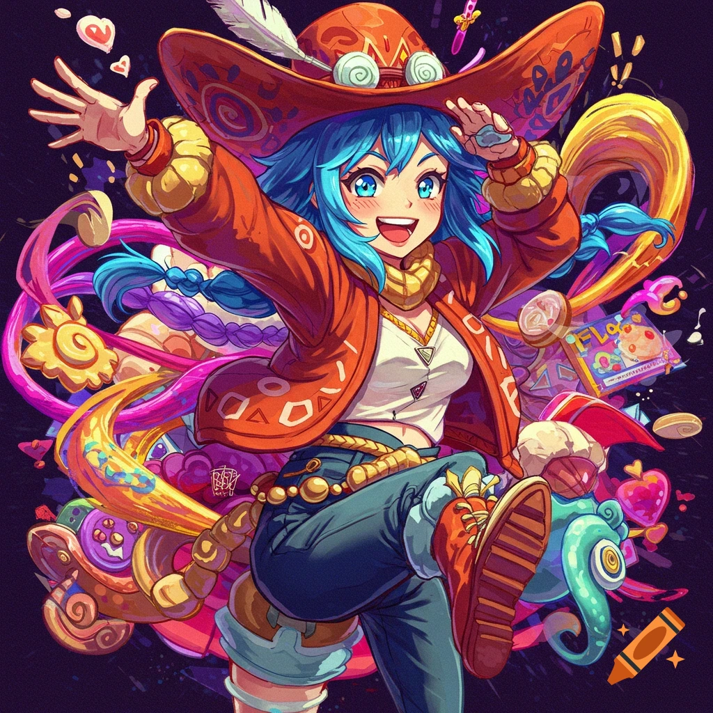 Anime girl with blue hair and hat in a vibrant illustration.