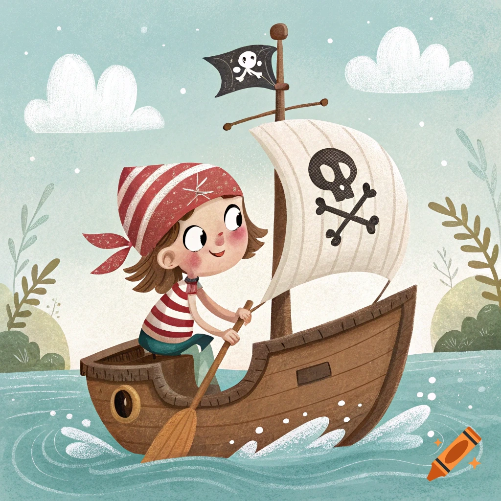 Illustration of a pirate girl sailing a wooden boat with a skull and crossbones sail, in a children's book style.