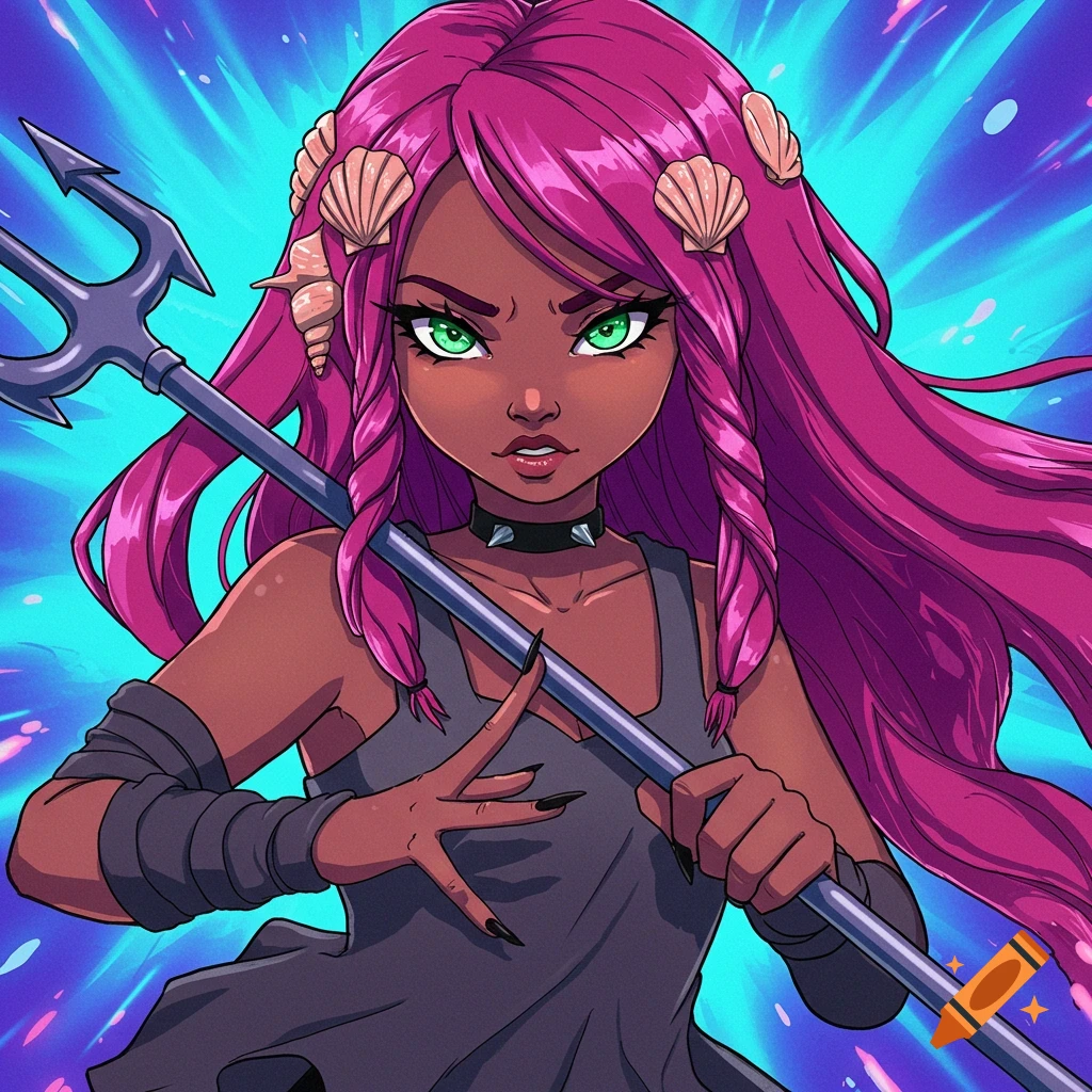 Animated portrait of a girl with pink hair, green eyes, shells in her hair, holding a trident.