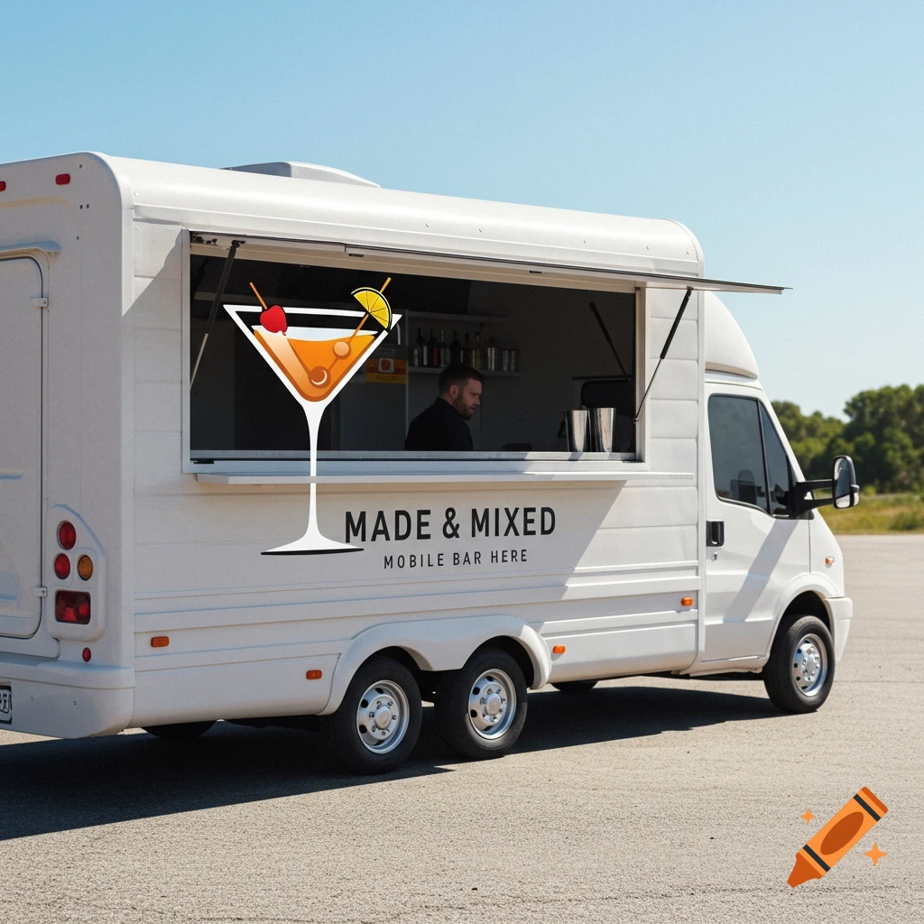 White mobile bar truck with a large martini glass graphic and 'MADE & MIXED MOBILE BAR HERE' text on the side.