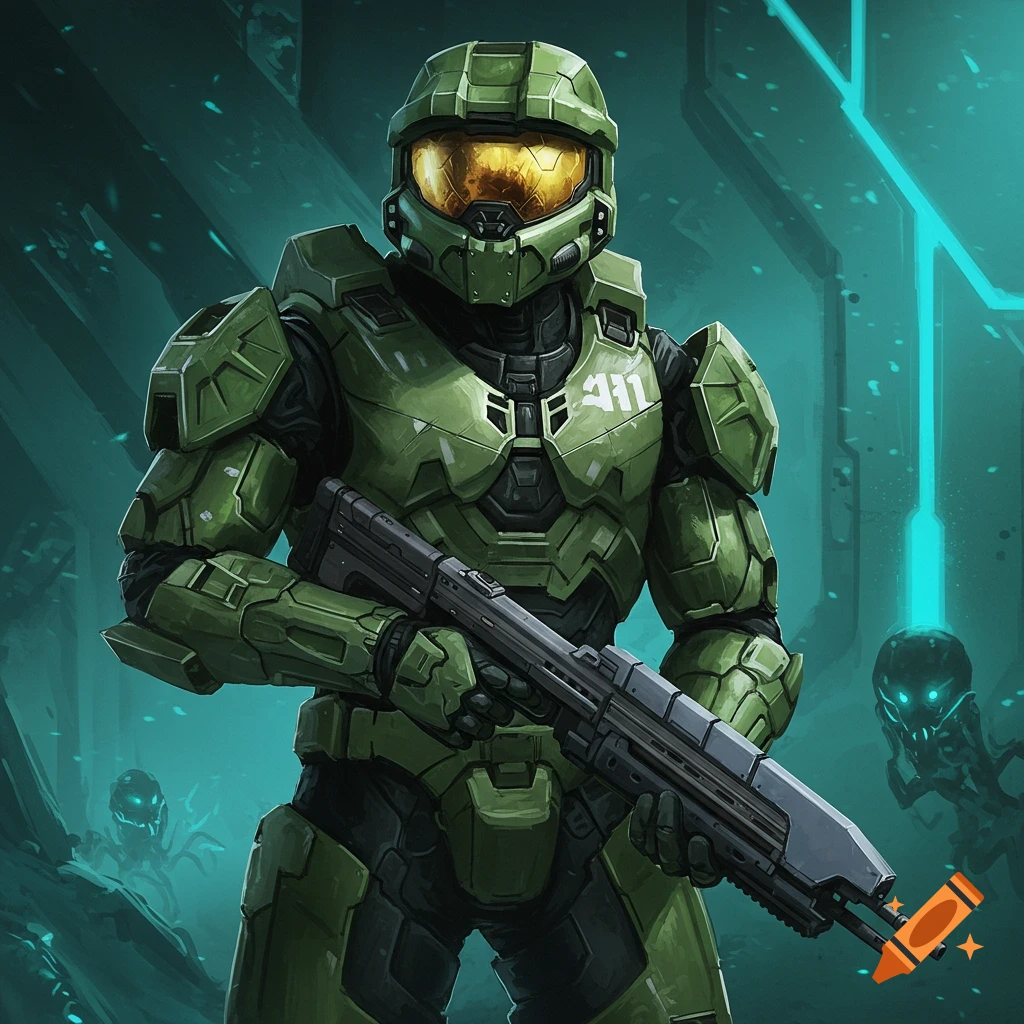 A Halo Spartan soldier in green armor holds a rifle in a dark futuristic environment.