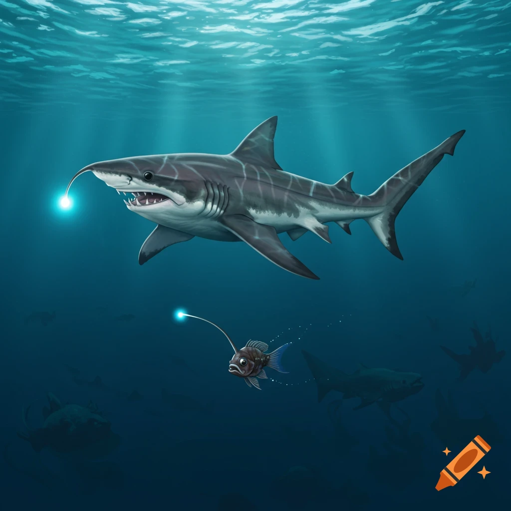 A shark and an anglerfish with glowing lures underwater.