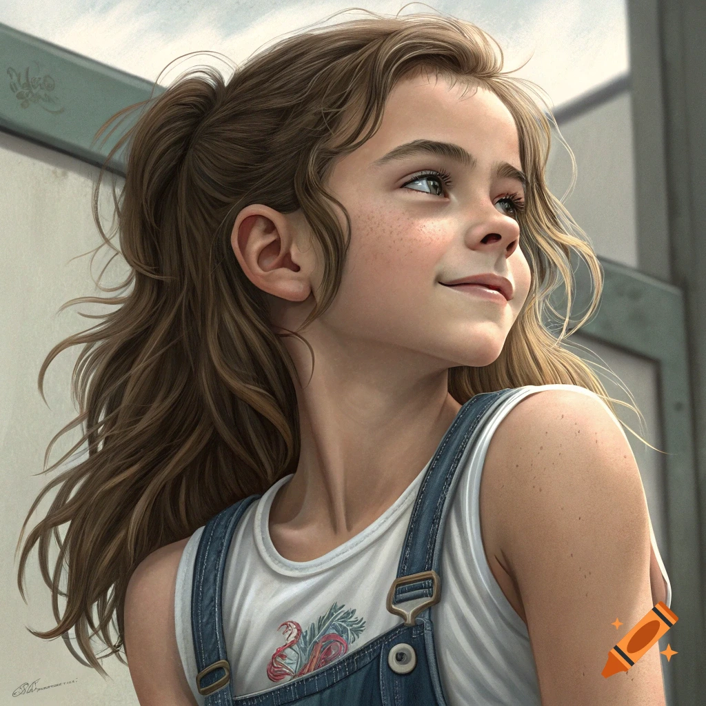 Detailed photorealistic portrait of a young girl with freckles, looking up and smiling, wearing a tank top and overalls.