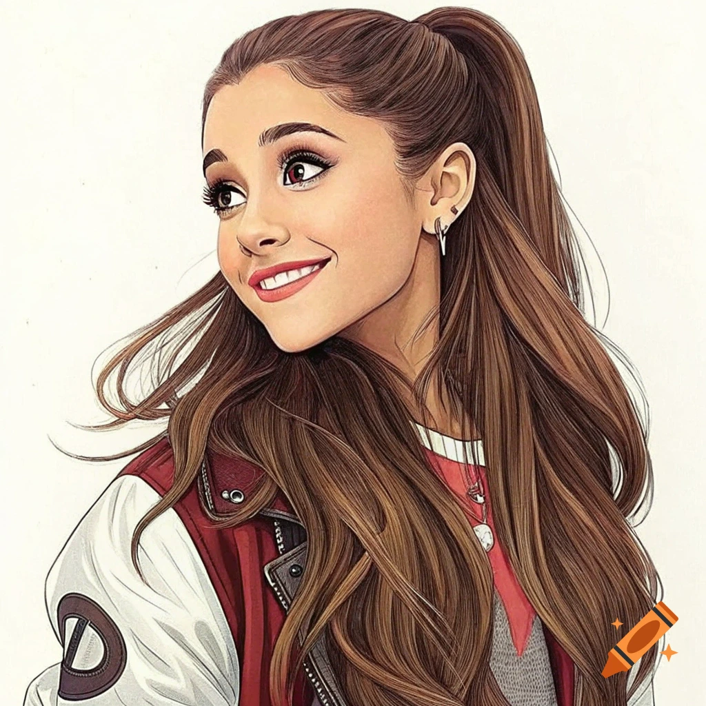A smiling woman with a high ponytail, wearing a red and white jacket, illustrated in a realistic style.