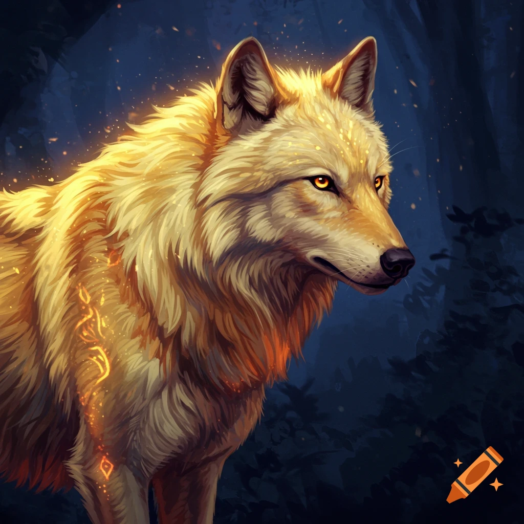 A wolf with gold fur and glowing eyes in a forest.