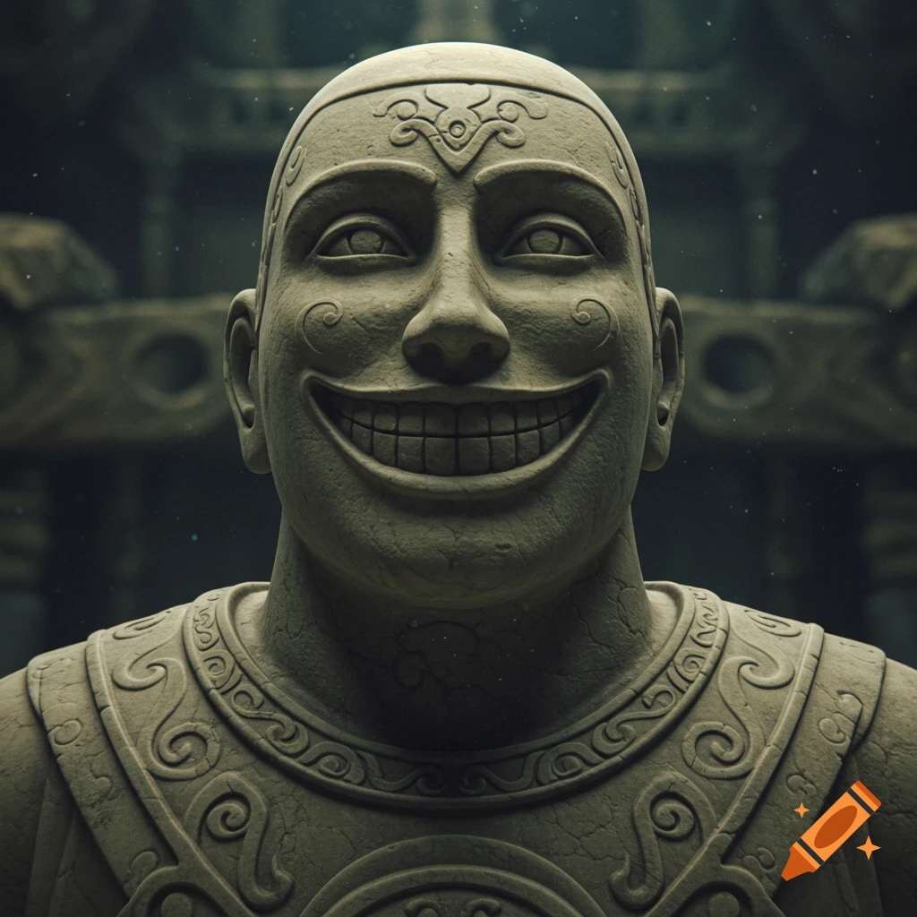 Close-up of a stone statue with a wide, creepy smile and ornate carvings.