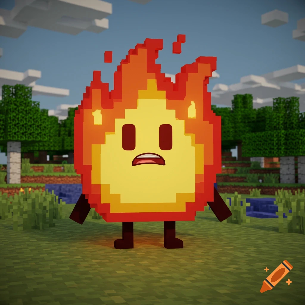 Pixelated fire character in a Minecraft world.