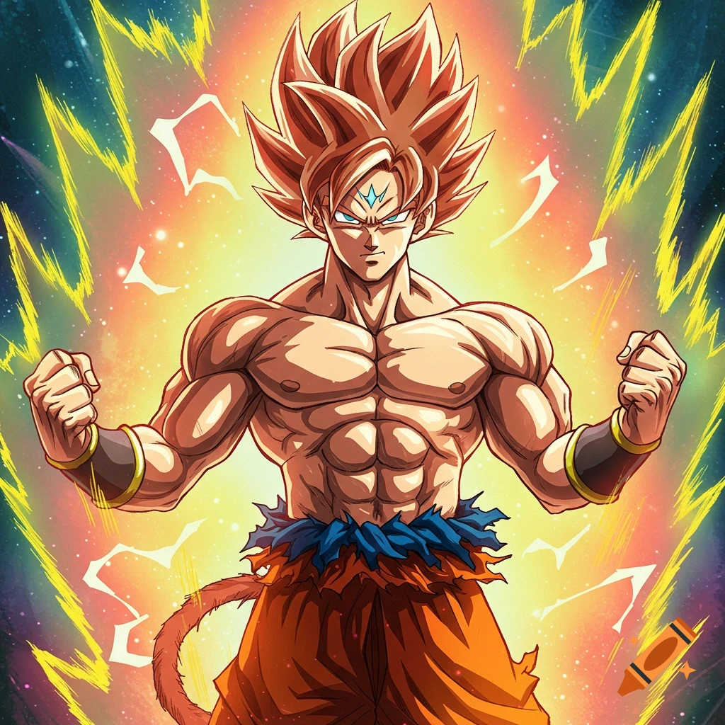 Muscular anime character with spiky hair in a dynamic pose with energy effects